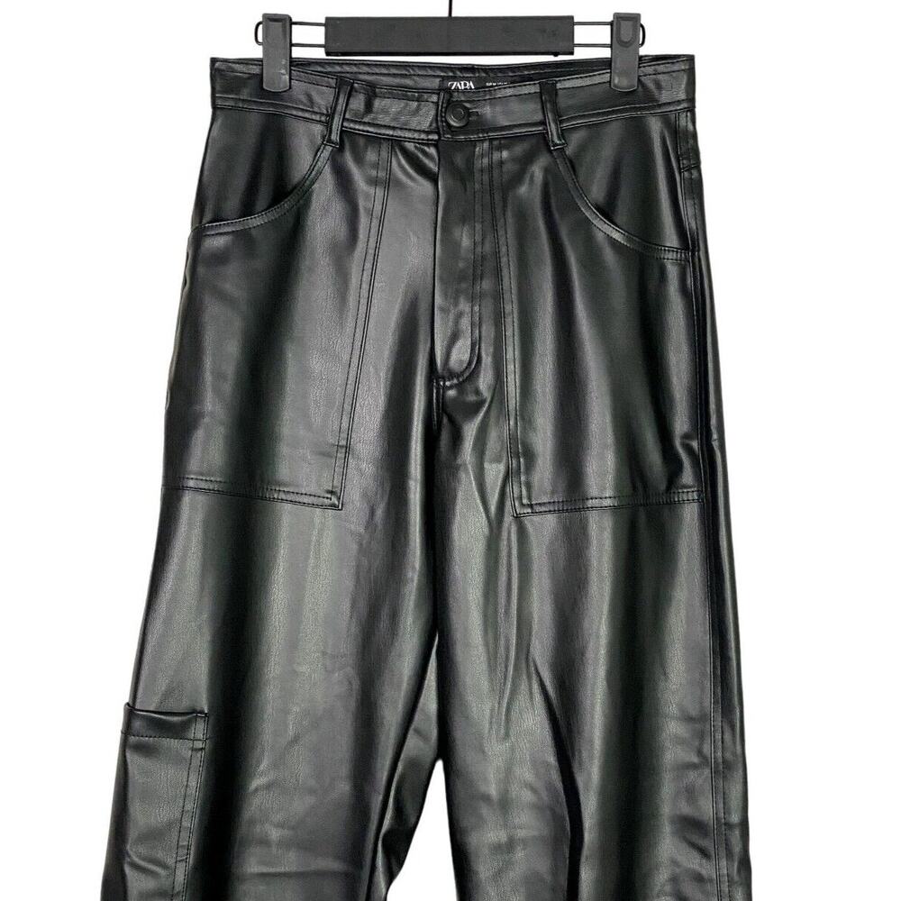 ZARA Wide Leg High Rise Faux Leather Edgy Moto Biker Full Length Pants M Black - Picture 3 of 16